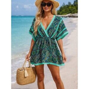 America & Beyond Boho Beach Cover Up Dress Paisley Pom Pom Trim